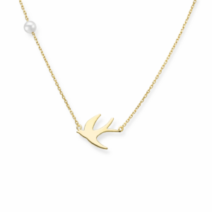 Naszyjnik srebrny Jaskółka z perłą naturalną - Srebrny Pozłacany 24-karaty