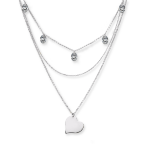Naszyjnik srebrny potrójny z cyrkoniami i sercem - Srebrny Rodowany