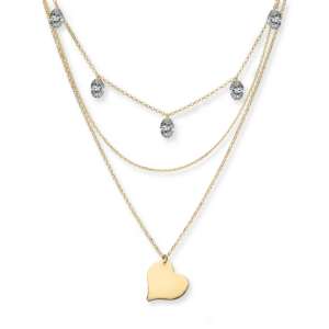 Naszyjnik srebrny potrójny z cyrkoniami i sercem - Srebrny Pozłacany 24-karaty