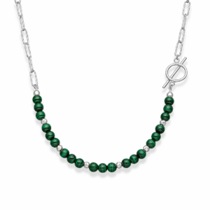 Naszyjnik srebrny spinacz diamentowy z malachitem - Srebrny Rodowany