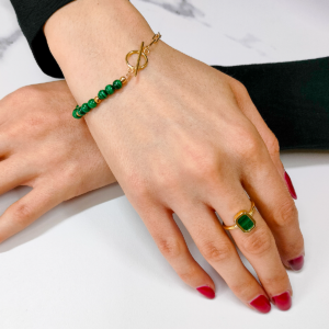 Bransoletka srebrna spinacz diamentowy z malachitem - Srebrny Pozłacany 24-karaty